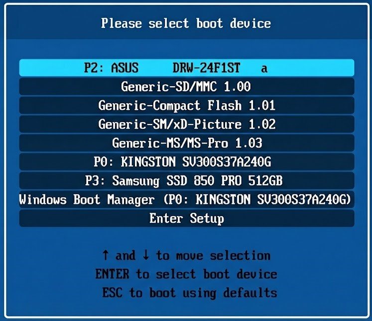 Выбор устройства загрузки в Boot Menu