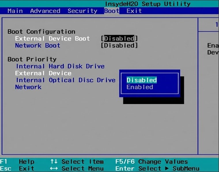 Настройка загрузки с USB в Insyde H2O BIOS