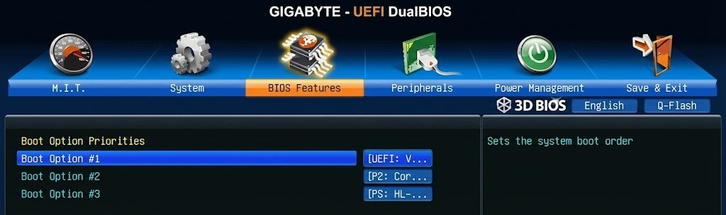 Порядок загрузки на материнской плате Gygabyte