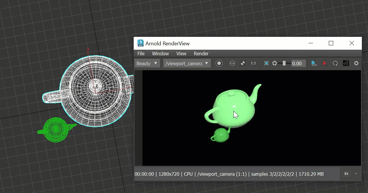 Окно Arnold RenderView в 3ds Max 2025: чайник, выбранный щелчком по рендеру, выделен и во вьюпорте