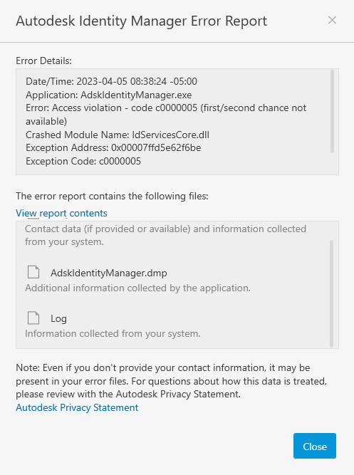 Окно «Autodesk Identity Manager Error Report» с подробностями ошибки: Application: AdskIdentityManager.exe, Error: Access violation - code c0000005, Crashed Module Name: IdServicesCore.dll.