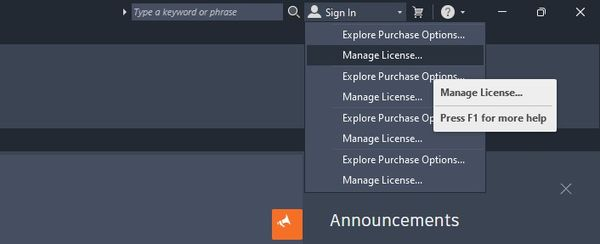 Раскрытое меню Sign In в программе Autodesk, где вместо пункта входа видны только «Explore Purchase Options» и «Manage License».