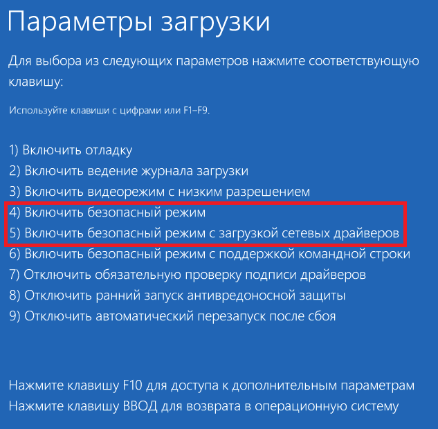 Экран «Параметры загрузки» Windows: пункты с 1 по 9, выделены 4 «Включить безопасный режим» и 5 «Включить безопасный режим с загрузкой сетевых драйверов».
