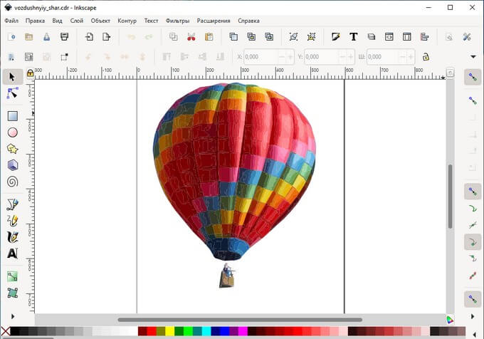 Файл CDR с рисунком воздушного шара открыт в Inkscape с русским меню