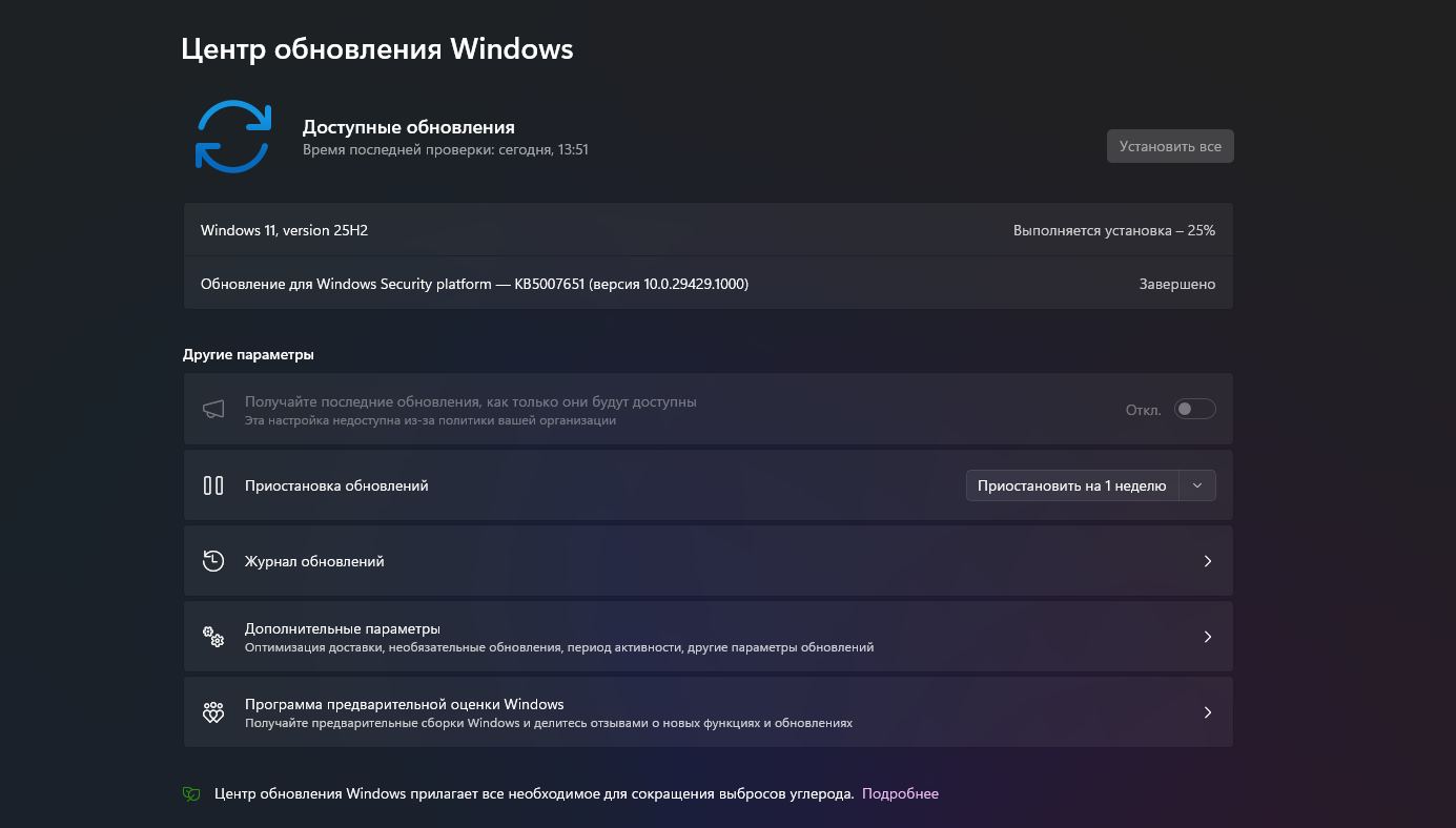 Центр обновления Windows 11 на русском: в списке доступных обновлений строка «Windows 11, version 25H2» со статусом «Выполняется установка – 25%».