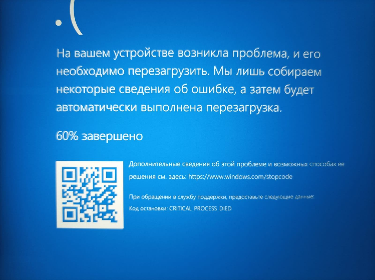 Синий экран Windows «На вашем устройстве возникла проблема, и его необходимо перезагрузить» с QR-кодом и строкой «Код остановки: CRITICAL_PROCESS_DIED».