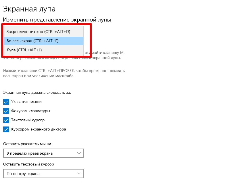 Настройки экранной лупы в Windows 10: раскрыт список «Изменить представление экранной лупы» с вариантами «Закрепленное окно (CTRL+ALT+D)», «Во весь экран (CTRL+ALT+F)», «Лупа (CTRL+ALT+L)», ниже флажки «Экранная лупа должна следовать за»: указатель мыши, фокус клавиатуры, текстовый курсор, курсор экранного диктора