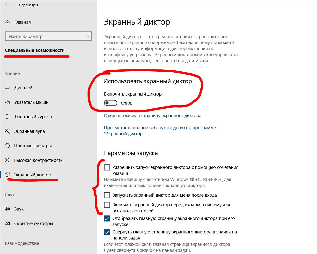 Параметры Windows 10 на русском: Экранный диктор, блок «Параметры запуска» с флажками запуска по сочетанию клавиш, после входа и перед входом в систему