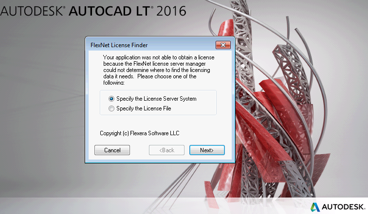 Окно FlexNet License Finder поверх заставки AutoCAD LT: текст «Your application was not able to obtain a license because the FlexNet license server manager could not determine where to find the licensing data it needs» и переключатели Specify the License Server System и Specify the License File.