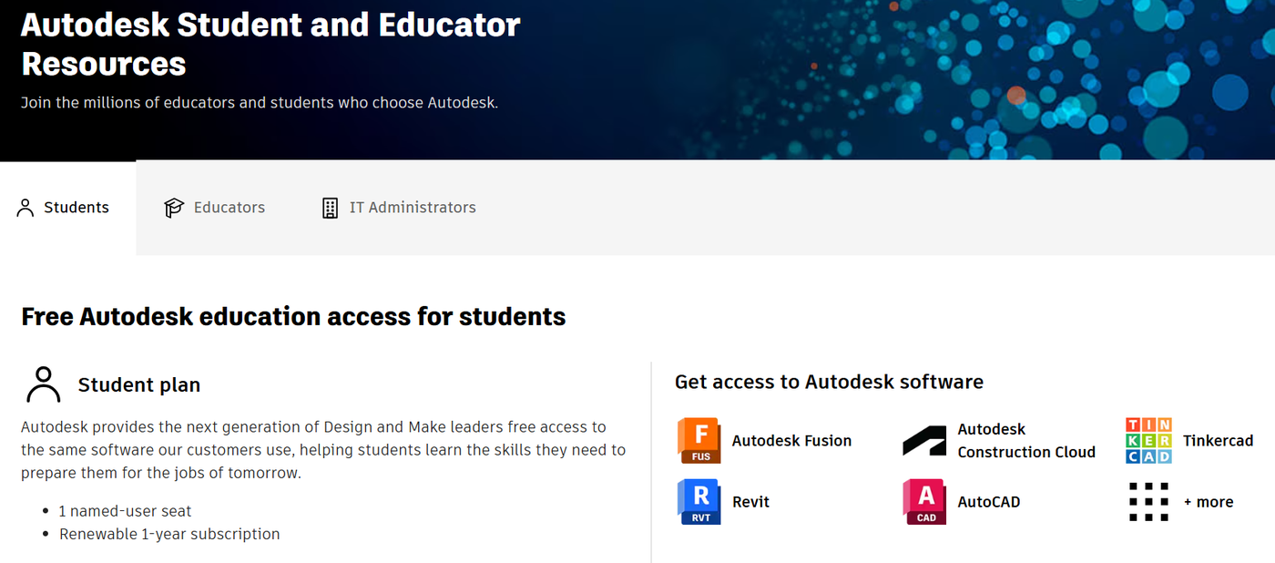 Страница Autodesk для студентов и преподавателей с бесплатной учебной лицензией на Autodesk Fusion на год.
