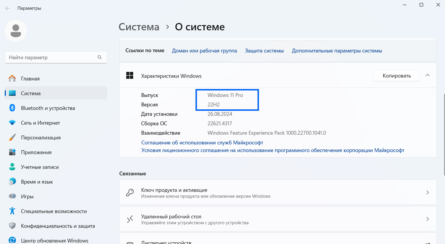 раздел с информацией о системе в Windows 11 Pro