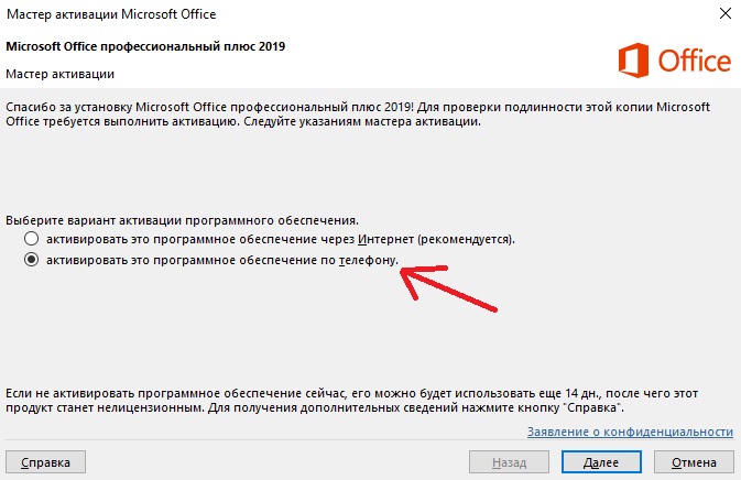 Выбор метода активации Office 2019