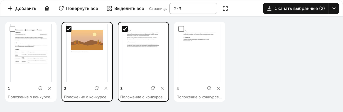 На странице «Разделить PDF» в поле «Страницы» введено «2-3», поэтому отмечены страницы 2 и 3, а на кнопке написано «Скачать выбранные (2)».