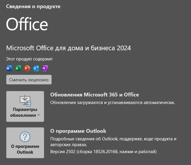 Блок «Сведения о продукте» на странице «Учетная запись» с названием «Microsoft Office для дома и бизнеса 2024» и строкой «Версия 2502 (сборка 18526.20168, нажми и работай)».