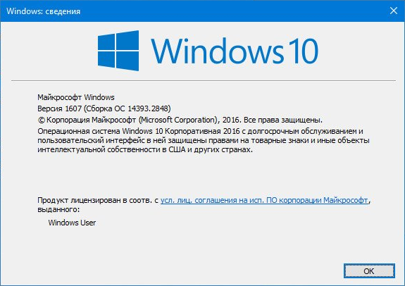 Окно «Windows: сведения»: Windows 10 Корпоративная 2016 с долгосрочным обслуживанием, версия 1607, сборка ОС 14393.2848