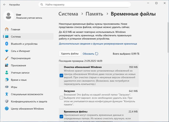 Приложение «Настройки» Windows 11, страница «Система › Память › Временные файлы»: кнопка «Удалить файлы», отмечены «Очистка обновлений Windows» и «Временные файлы», пункт «Загрузки» с предупреждением о личной папке не отмечен