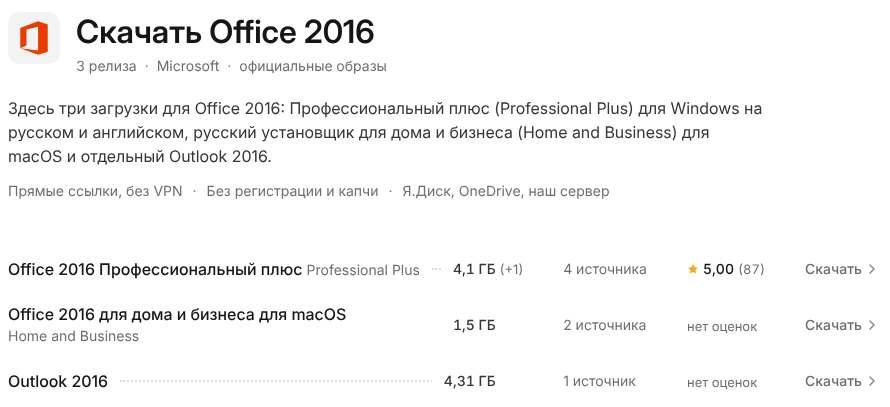 Страница загрузки Office 2016 на digi-keys.ru: Профессиональный плюс для Windows, версия для macOS и Outlook 2016.