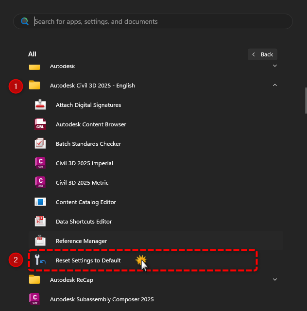 Меню «Пуск» Windows 11, список «Все»: раскрыта папка Autodesk Civil 3D 2025 - English, выделен пункт Reset Settings to Default для сброса настроек Civil 3D.