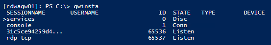 Вывод команды qwinsta в PowerShell, где rdp-tcp находится в состоянии Listen.