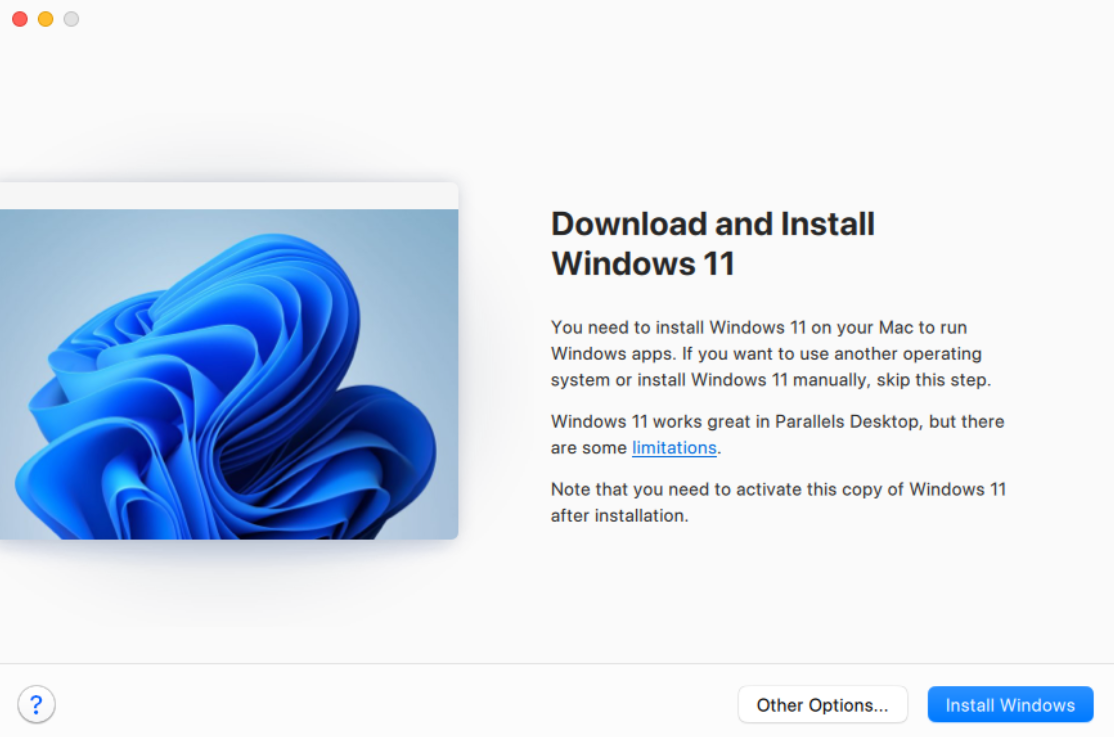 Окно мастера Parallels Desktop «Download and Install Windows 11» с кнопками «Other Options…» и «Install Windows»: Parallels сама скачивает Windows 11 у Microsoft.