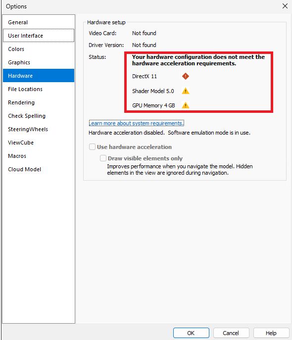 Окно Options в английском Revit на вкладке Hardware: видеокарта не найдена, «Hardware acceleration disabled. Software emulation mode is in use», флажок «Use hardware acceleration» снят и неактивен.