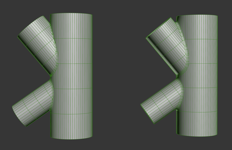 3ds Max 2027: скругление рёбер после Boolean: Chamfer слева, Smart Bevel справа