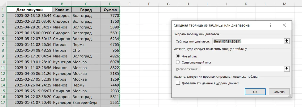 Окно «Сводная таблица из таблицы или диапазона» в Excel из Microsoft 365: выделен исходный диапазон, отмечен вариант «Новый лист».