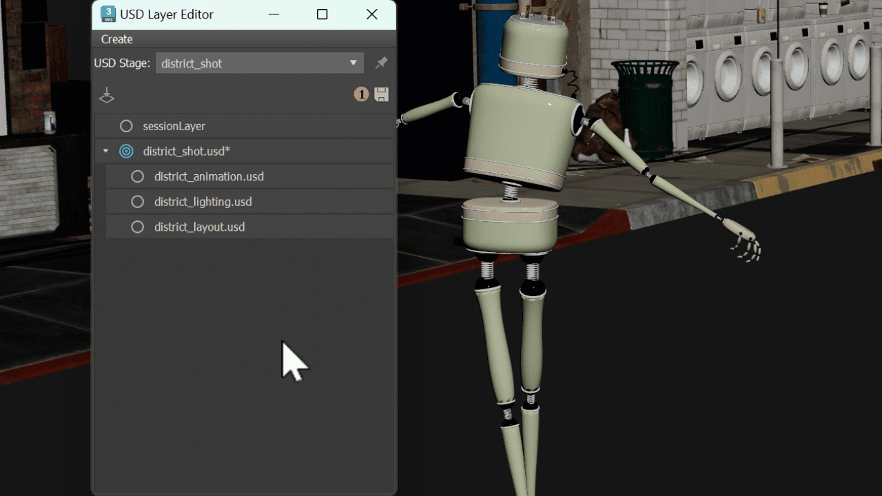 Окно USD Layer Editor в 3ds Max 2026 со слоями сцены district_shot рядом с вьюпортом