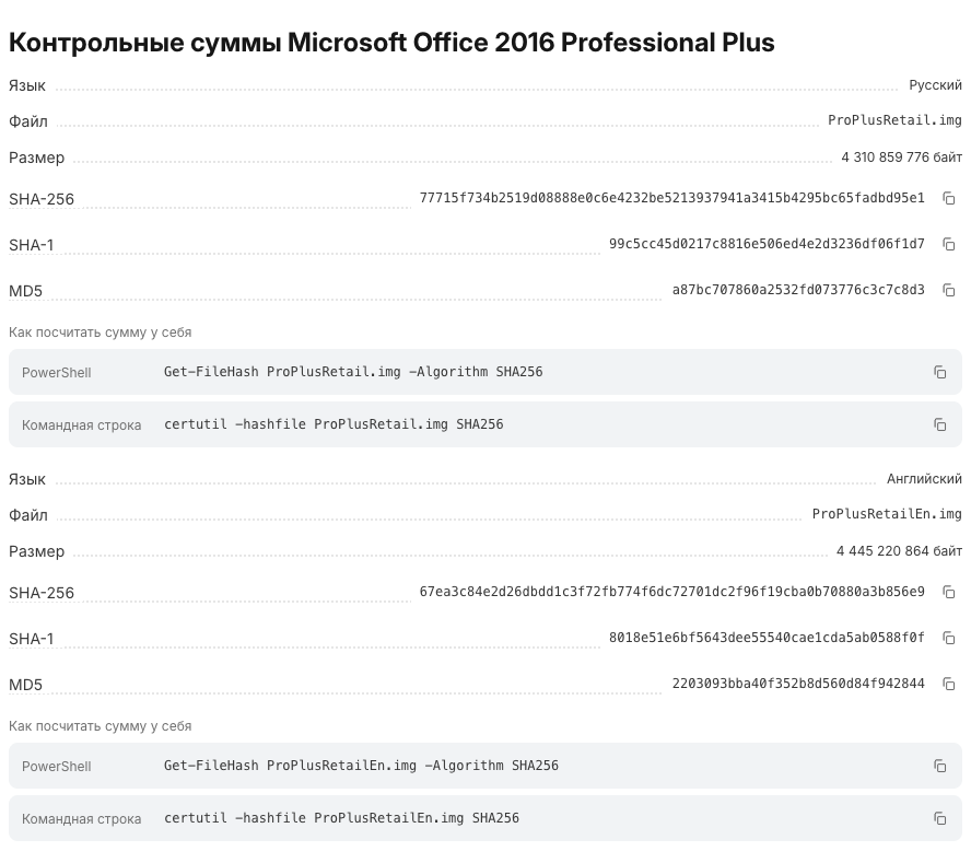 Блок «Контрольные суммы» на странице загрузки Office 2016 Professional Plus с размером и SHA-256 для образов ProPlusRetail.img и ProPlusRetailEn.img.