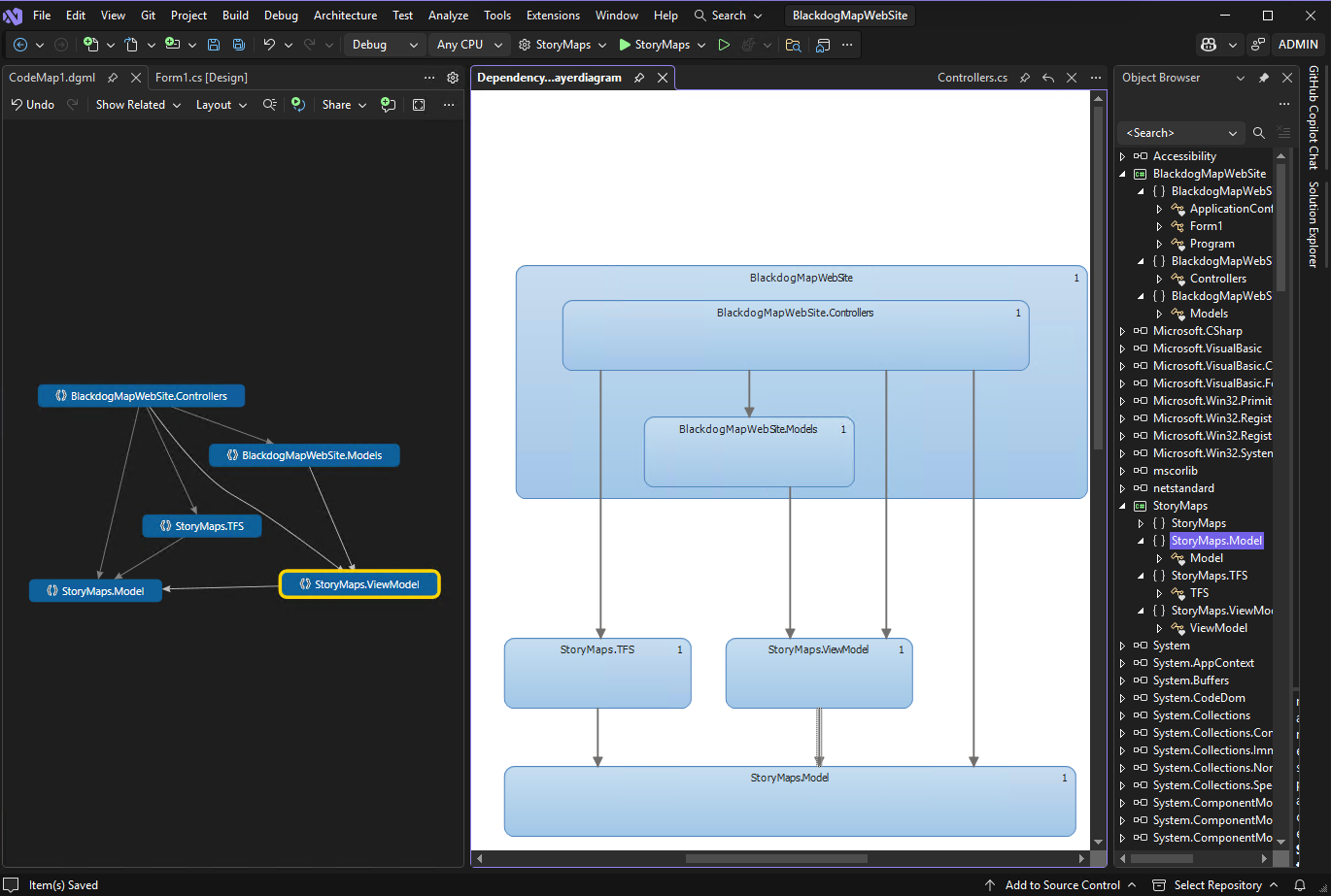 Visual Studio 2026 Enterprise: слева карта кода с зависимостями пространств имён, в центре схема зависимостей слоёв проекта.