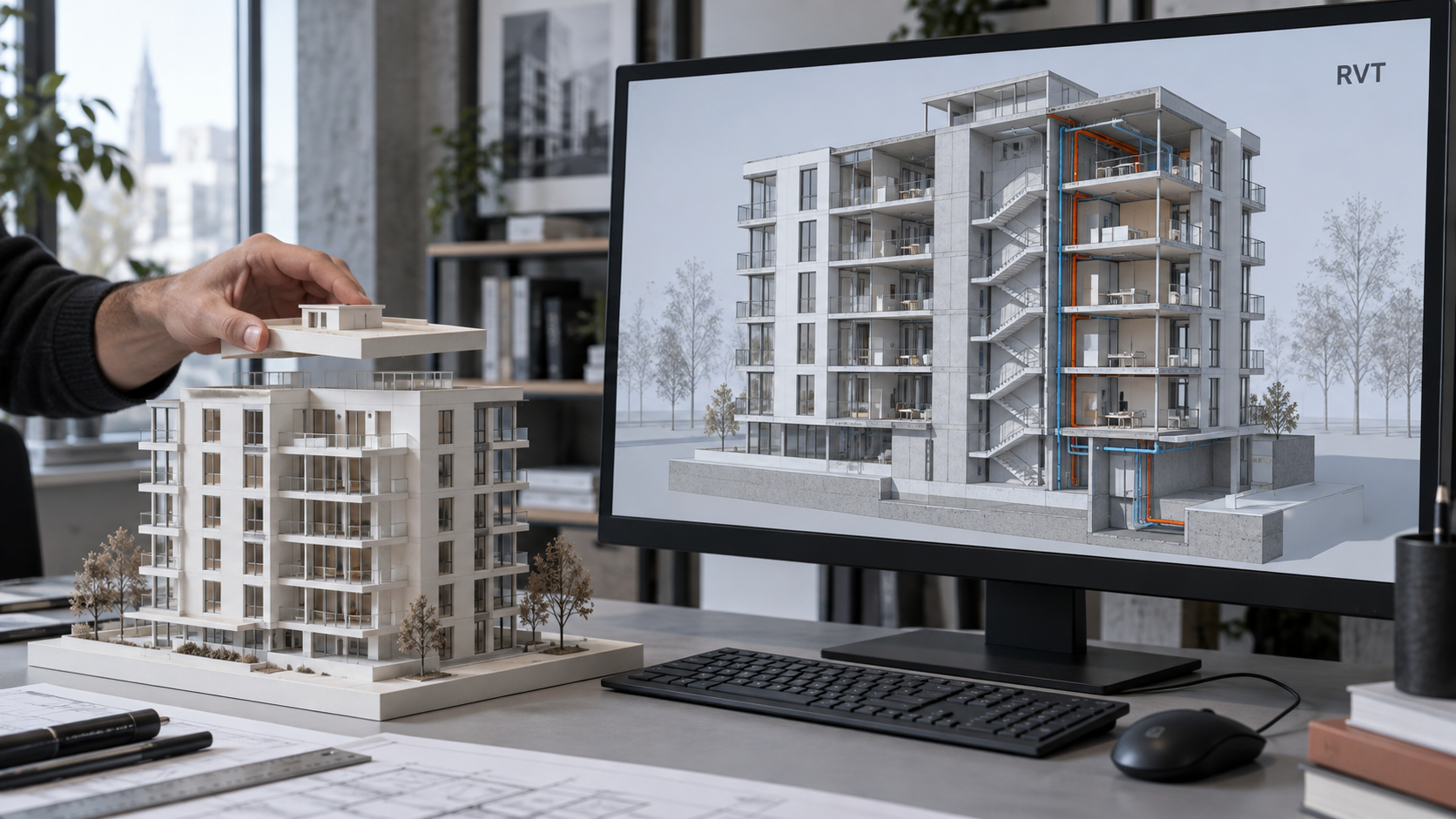 Макет здания и иллюстративная BIM-модель в разрезе на мониторе
