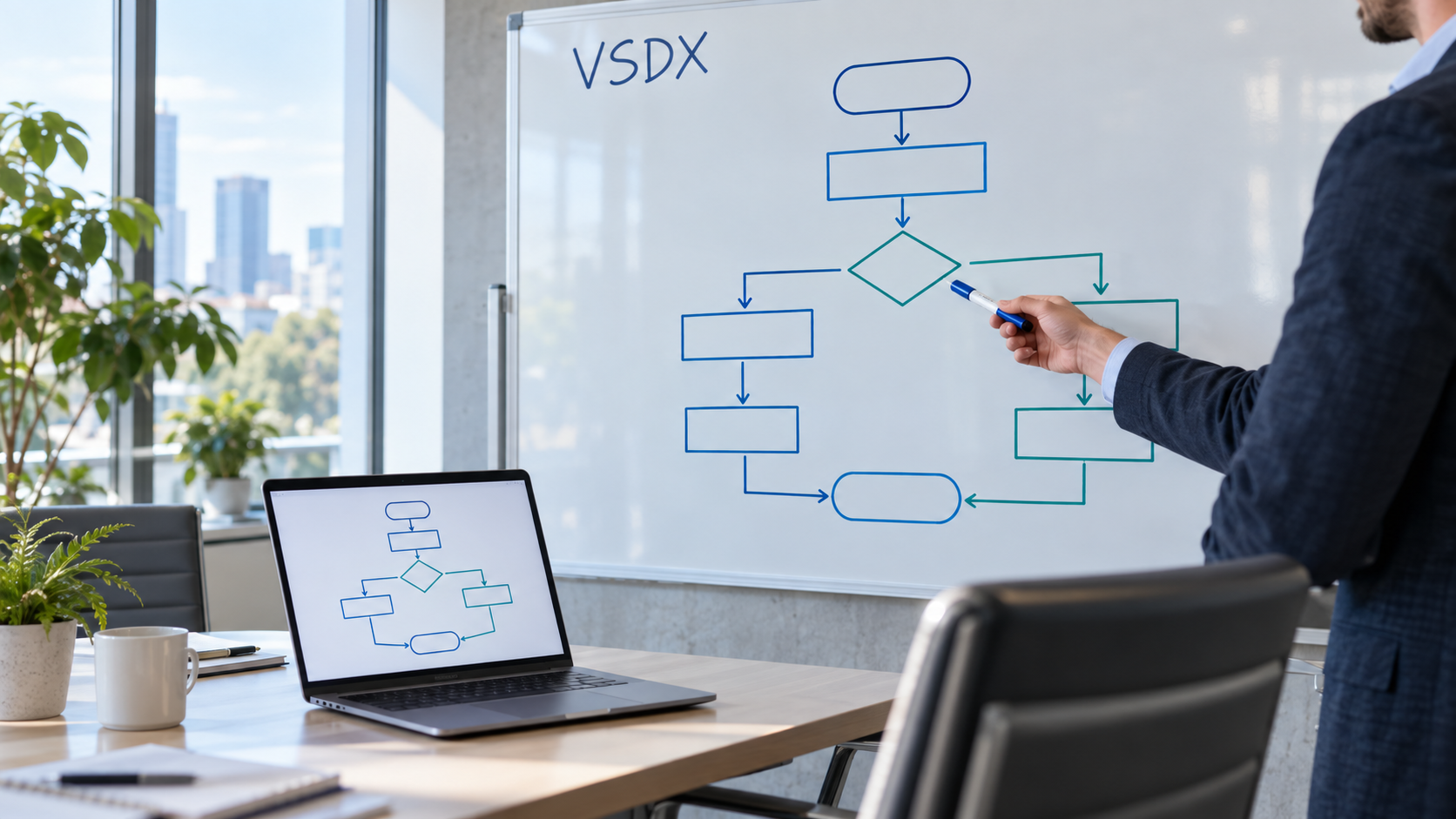 Обсуждение блок-схемы VSDX на доске и экране ноутбука — иллюстрация к статье